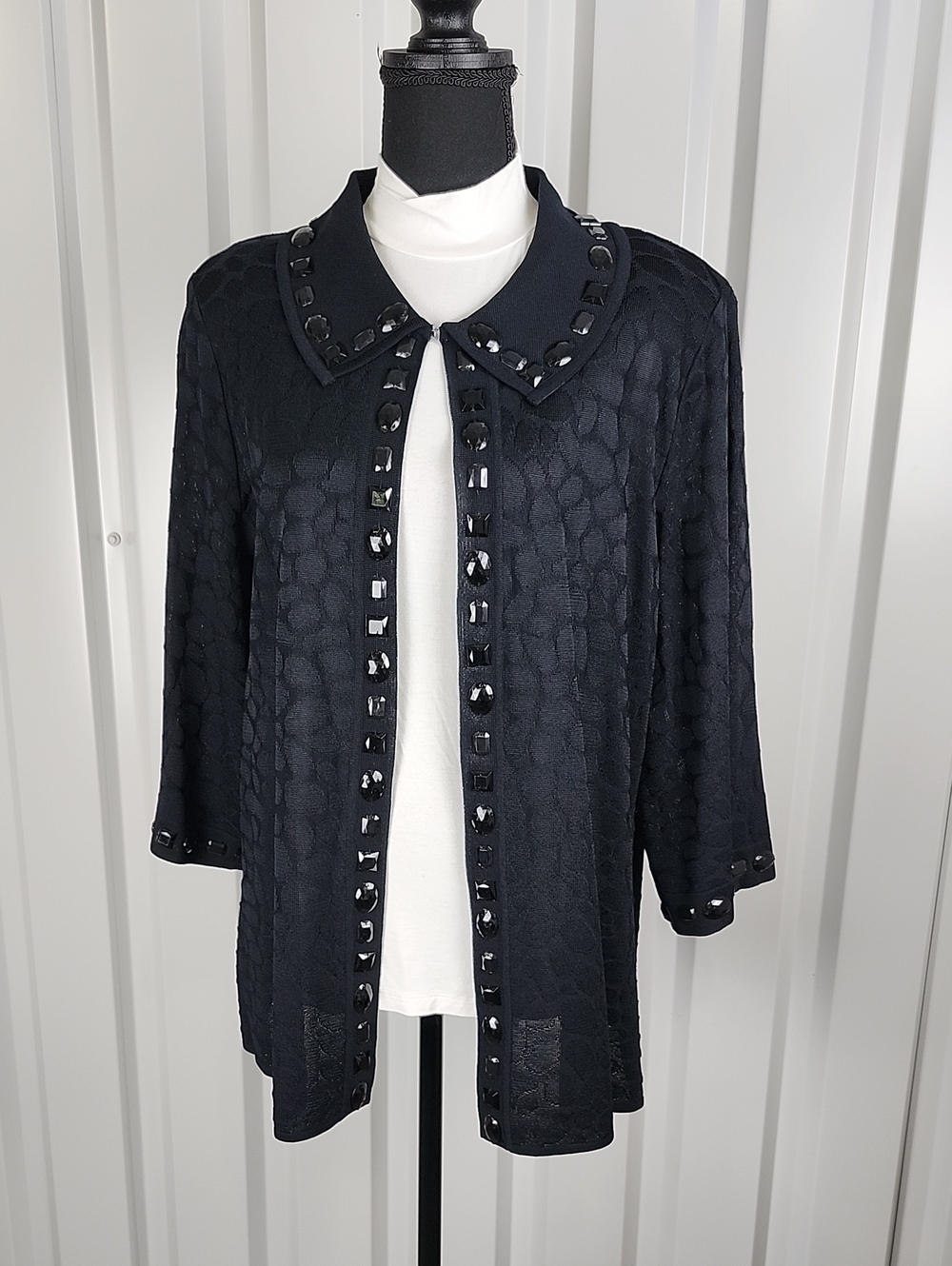 Ming Wang Black Jeweled Cardigan Jacket XL Collared NWT Textured Embellished